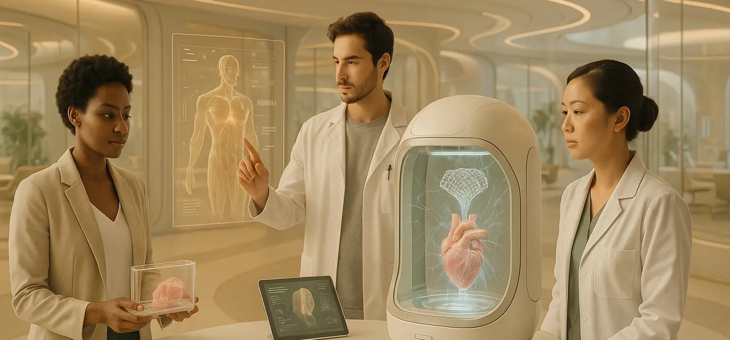 Three medical professionals analysing holographic displays of human organs in a high-tech laboratory. Image generated using AI. 