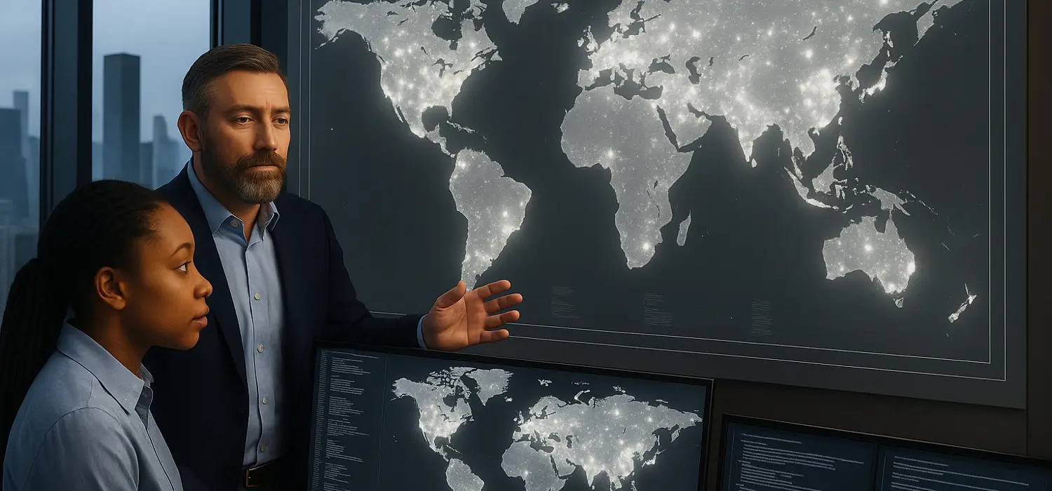 Futuristic image of two professionals analysing a digital world map displaying global data on a large screen in a modern office setting. Image generated using AI. 