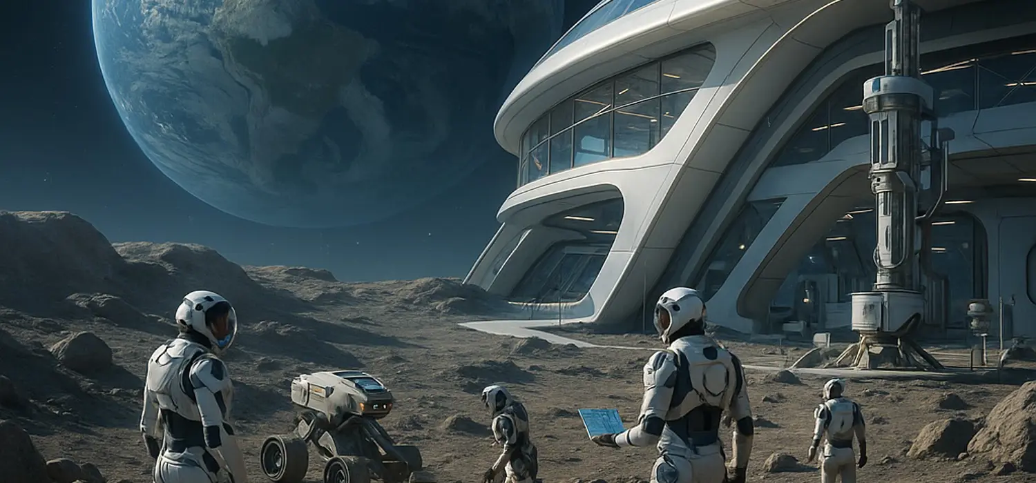 A futuristic image of astronauts and a rover near a futuristic base on the Moon's surface, with Earth visible in the background. Image generated using AI. 
